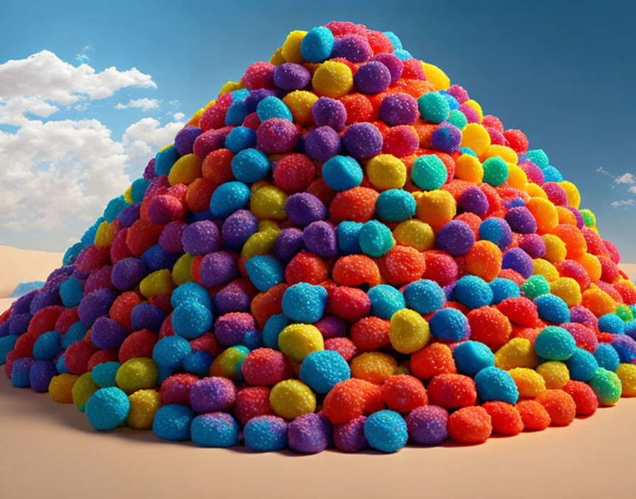 Vibrant spherical candies under blue sky