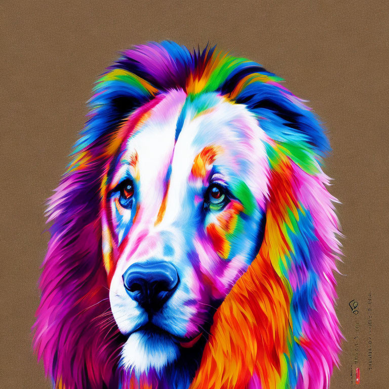 Colorful Lion Artwork with Rainbow Mane on Brown Background