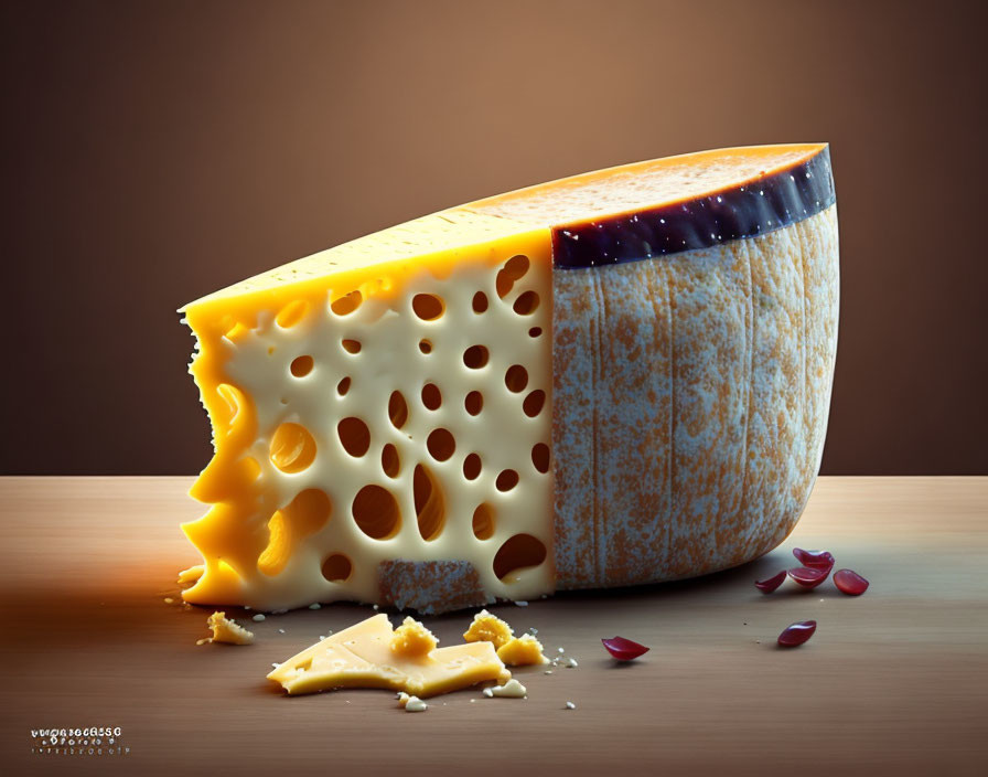 Realistic illustration of large Swiss cheese wedge on wooden surface