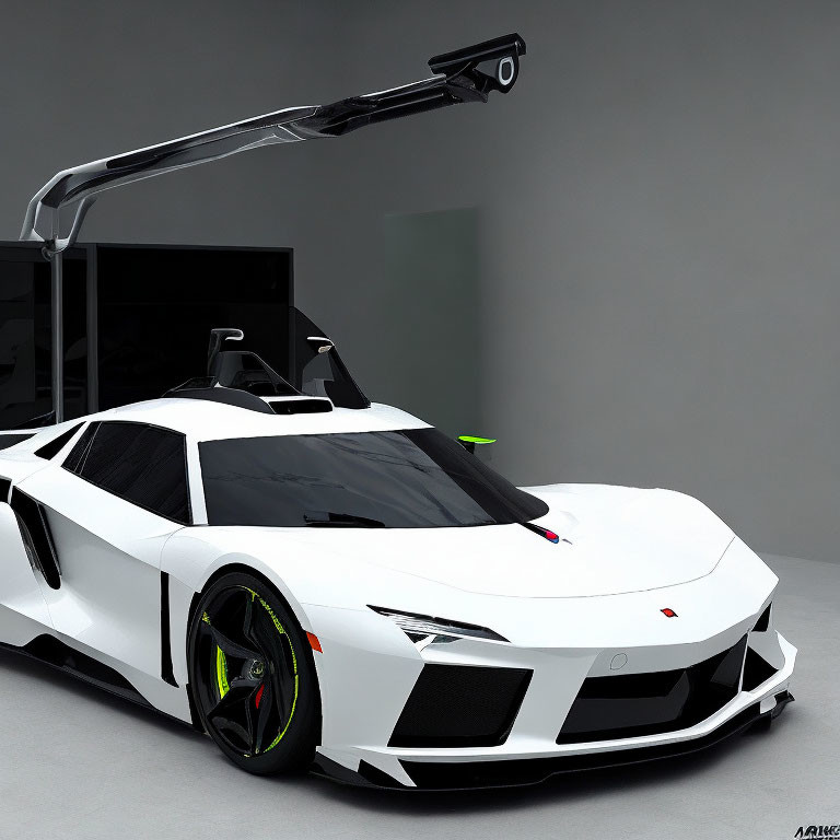 White Sports Car with Large Rear Wing, Black Accents, and Green Brake Calipers in Studio Setting