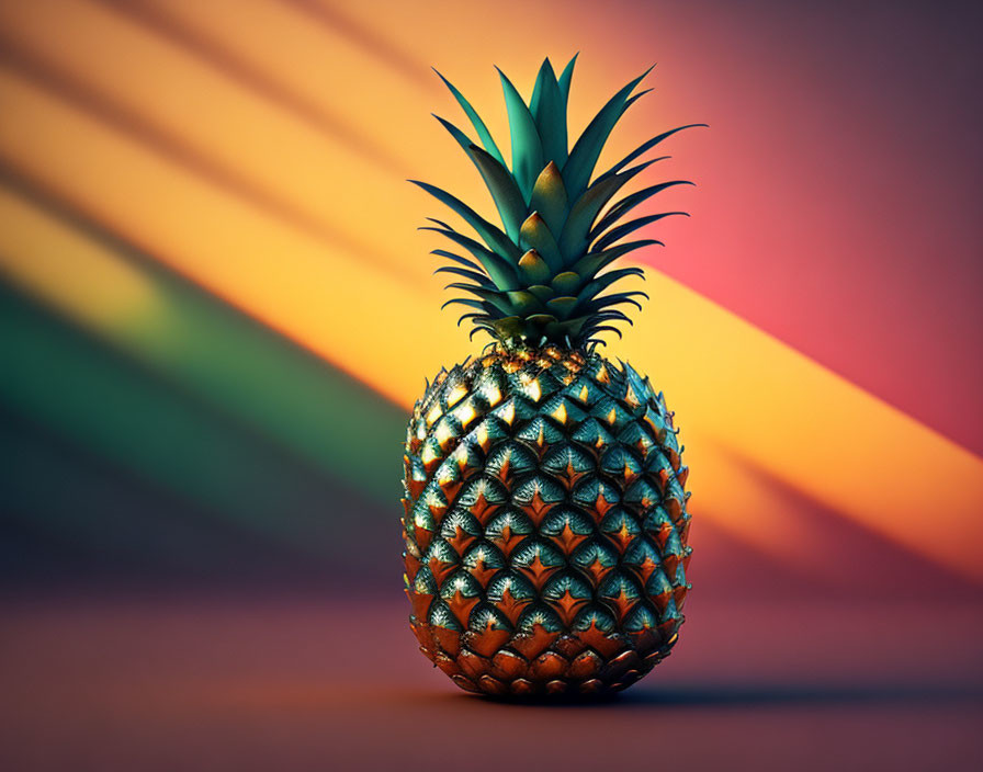 Vibrant pineapple on colorful striped background with shadows.