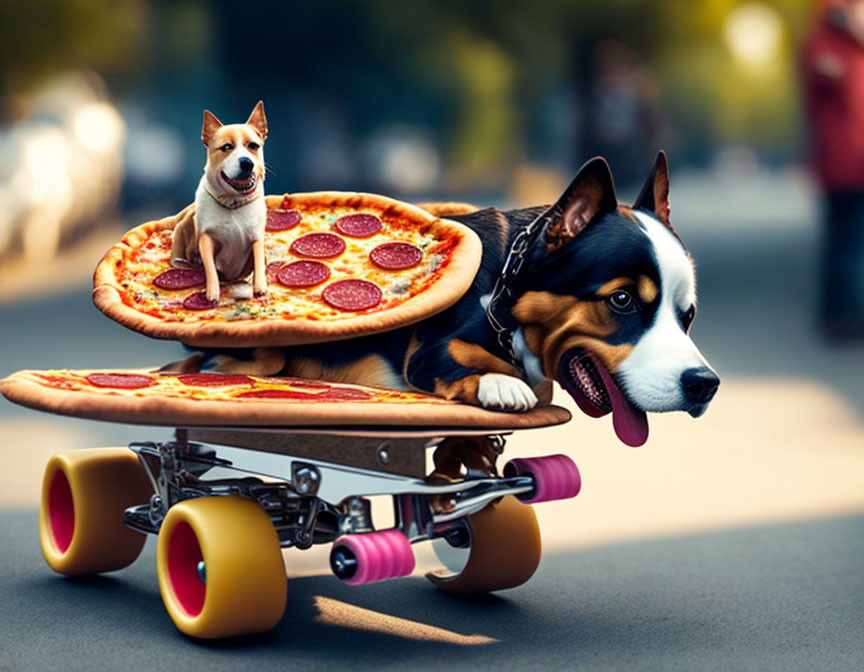 Two dogs in pizza costumes skateboard together