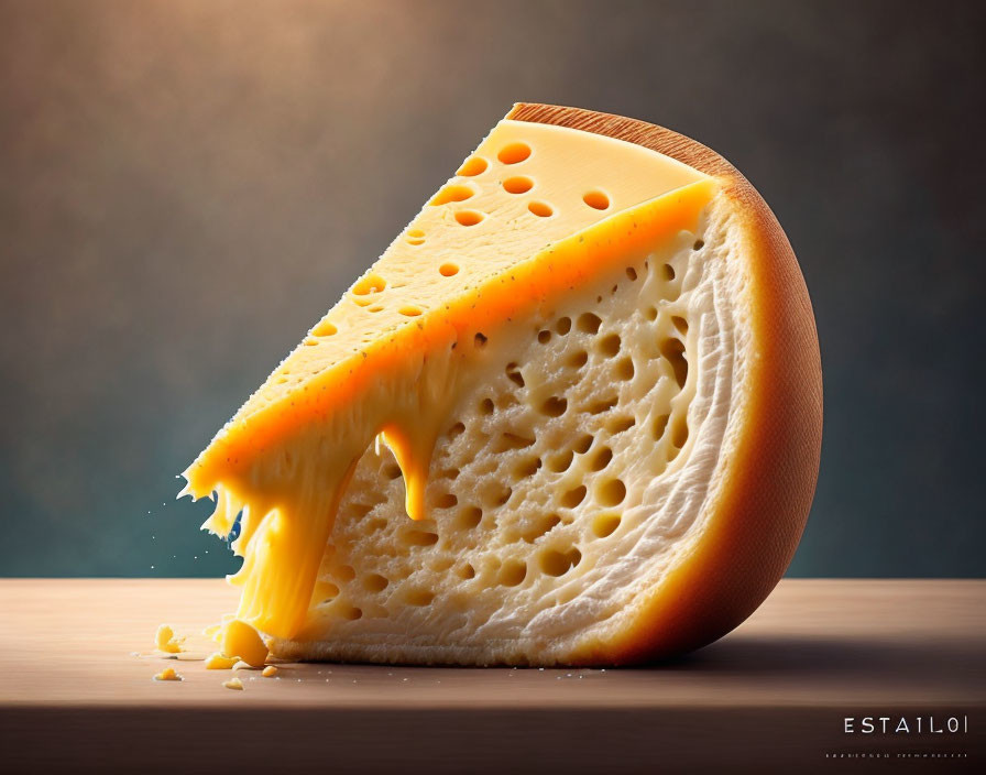 Melting cheese wedge with holes on wooden surface