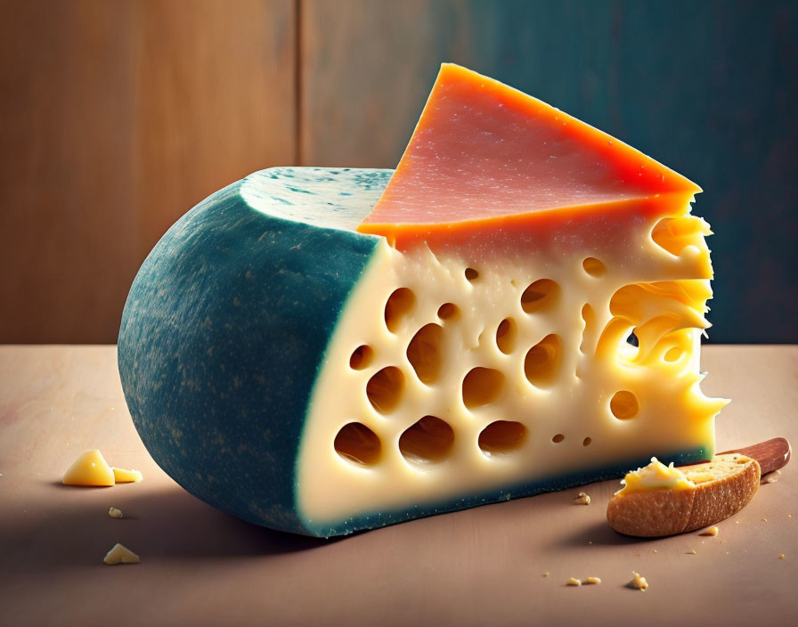 Semi-Hard Cheese Wedge with Holes and Knife on Wood Surface