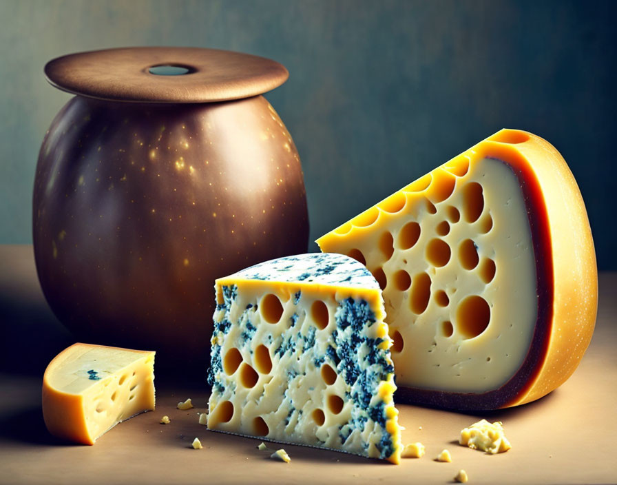 Cheese still life with ceramic jar on table