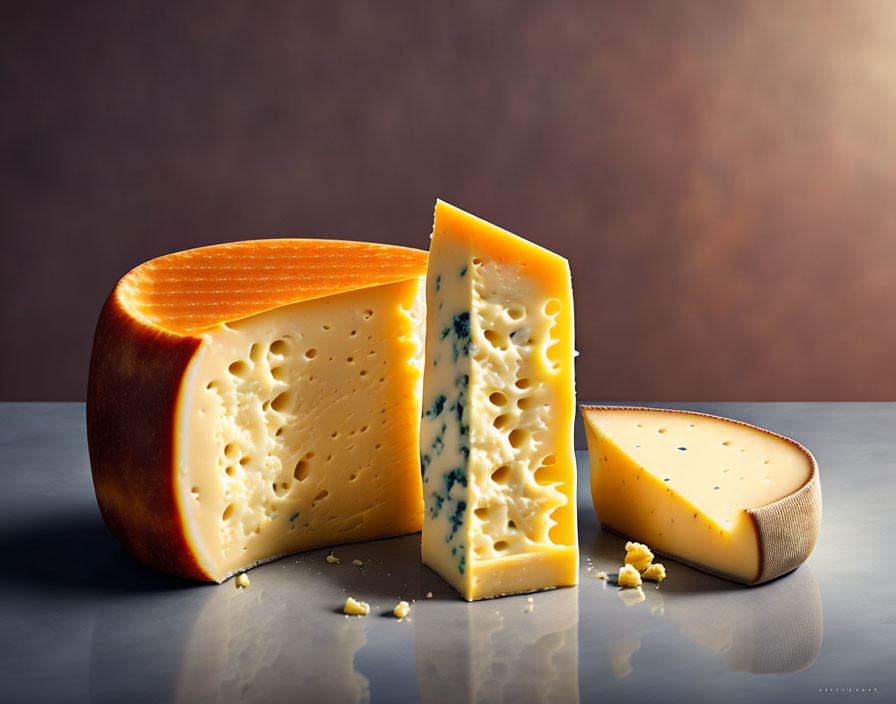 Assorted cheese types on reflective surface with brown gradient background