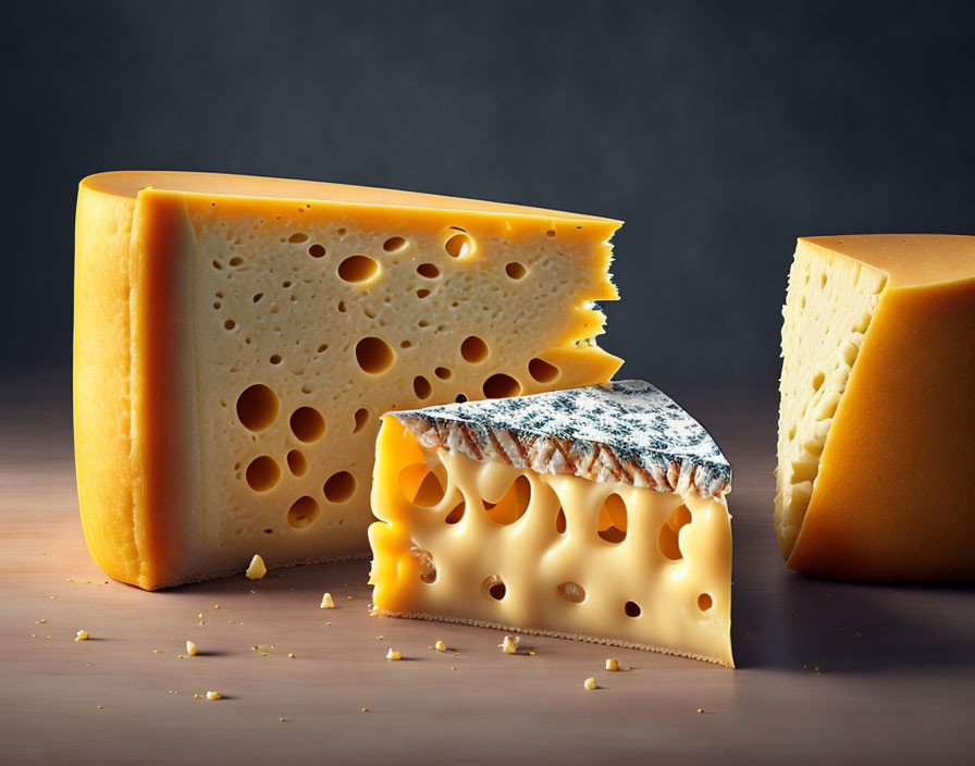 Assorted cheeses with different textures on wooden surface