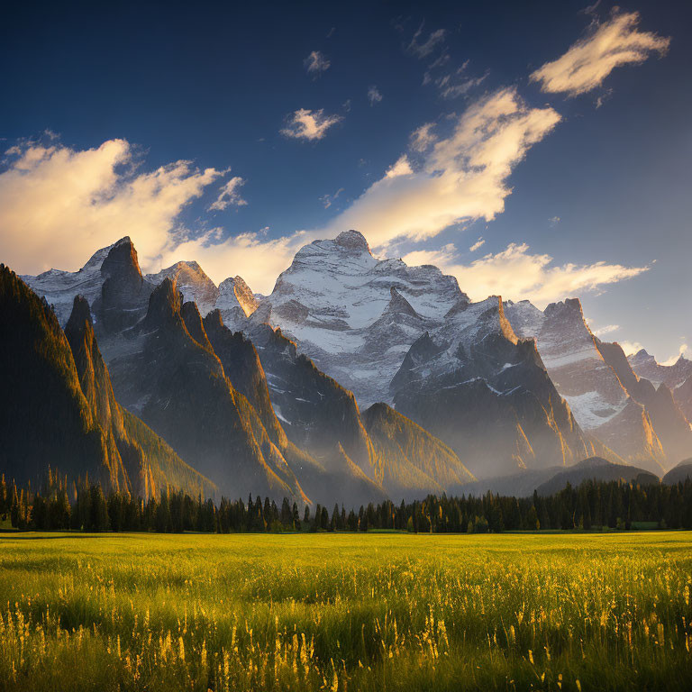 Scenic sunset view of majestic mountain range and green meadow