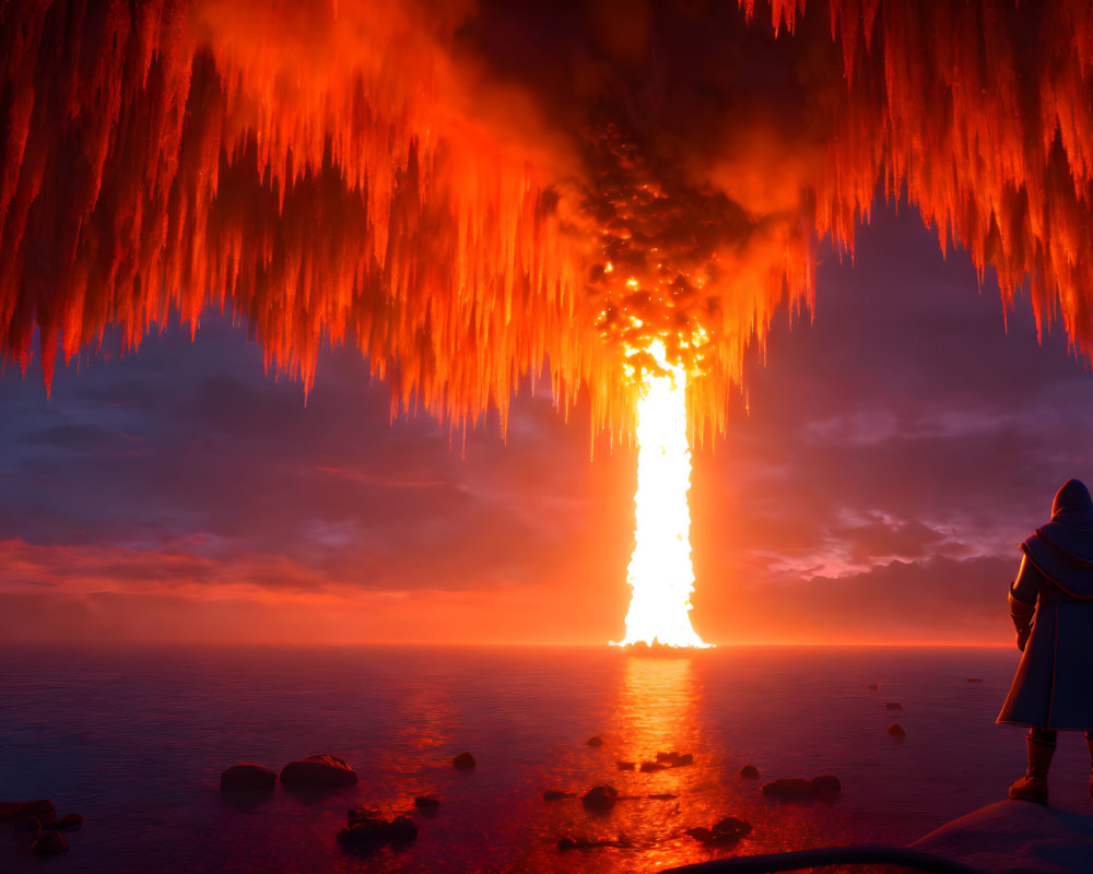 Cloaked figure witnesses volcanic eruption in surreal landscape