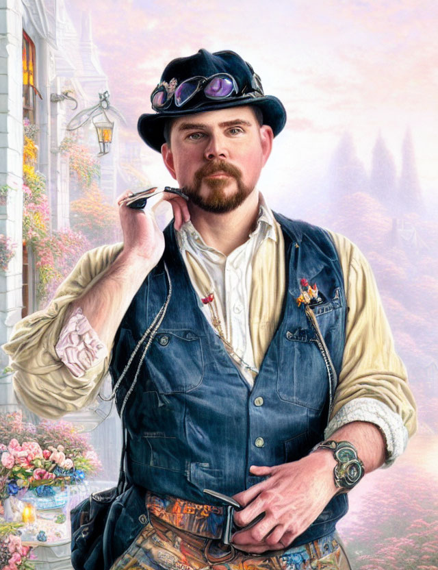 Steampunk Attired Man with Top Hat and Pipe Among Pastel Flowers