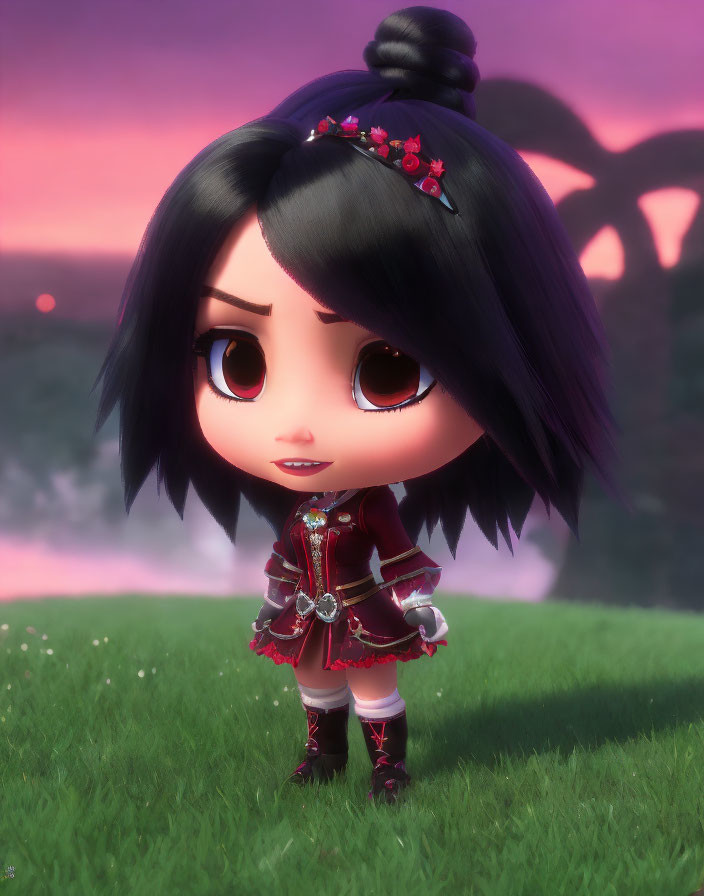 Character with Large Eyes in Red Outfit Stands in Twilight Grass Field