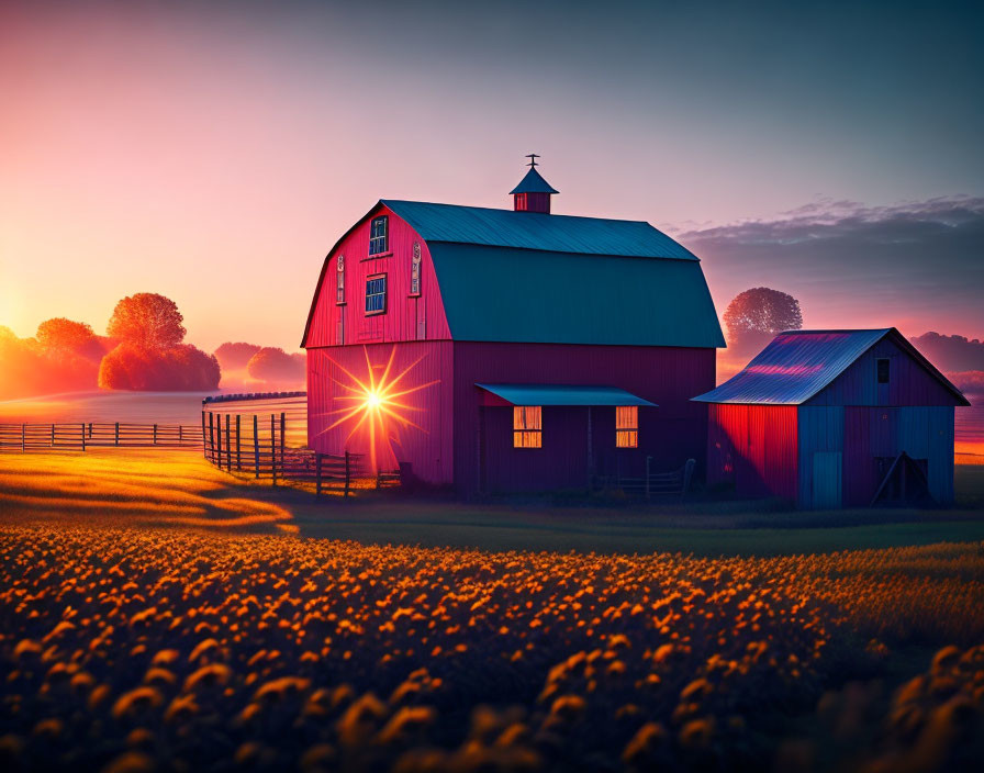 Red Barn and Shed Surrounded by Sunflowers in Sunlit Field