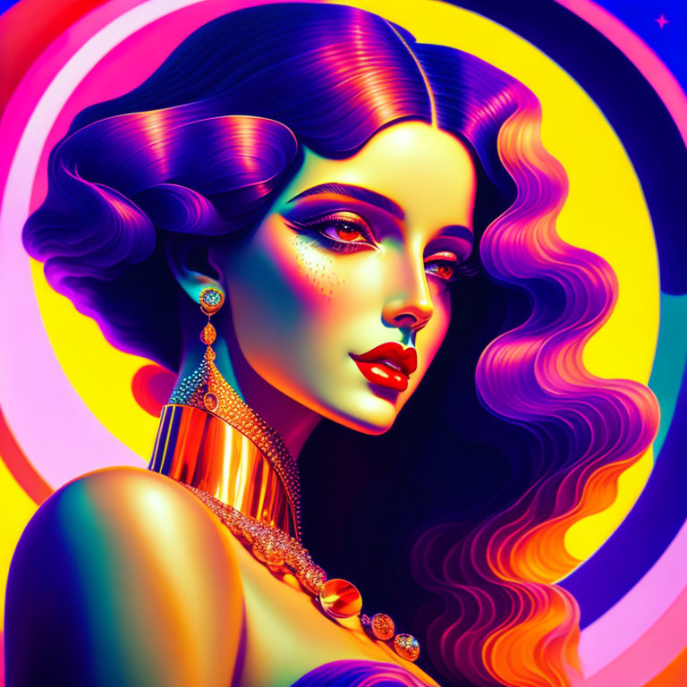 Colorful digital portrait of a woman with flowing hair on psychedelic rainbow backdrop