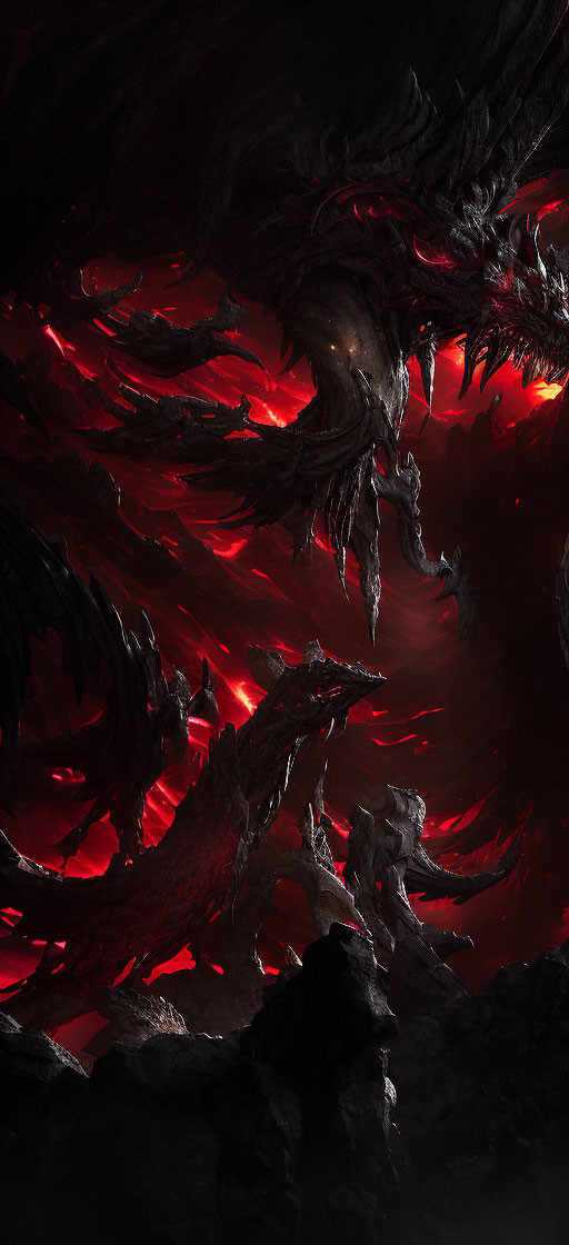 Glowing red accented dragon in dark, craggy terrain.