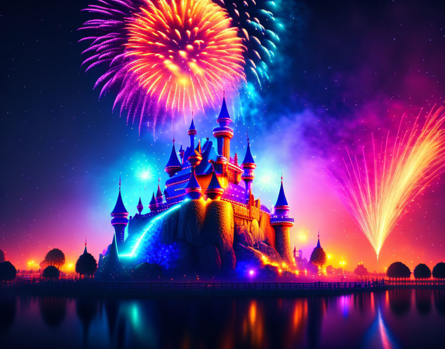 Colorful Fireworks Show Over Fantasy Castle at Night