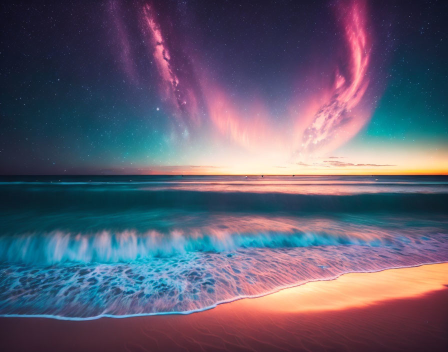 Vibrant beach sunset with purple and pink sky under aurora borealis