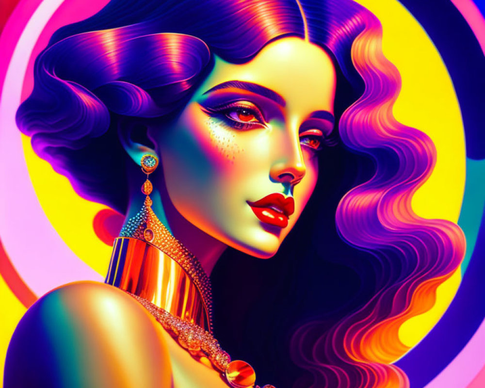 Colorful digital portrait of a woman with flowing hair on psychedelic rainbow backdrop