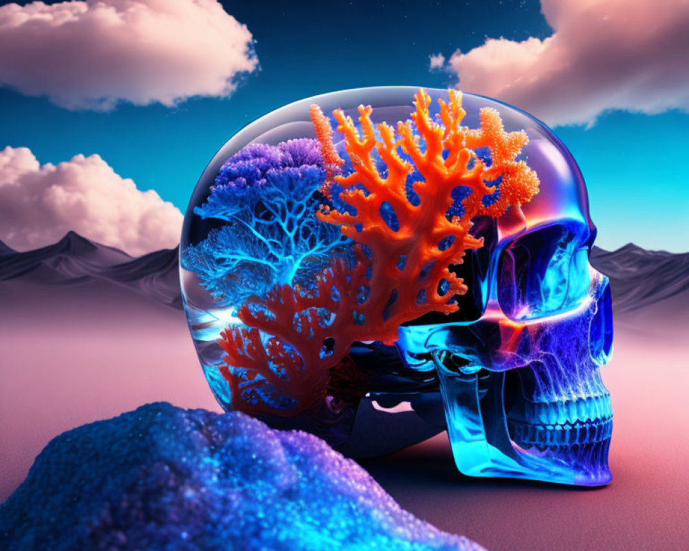 Surreal image: Transparent skull with orange coral in desert landscape