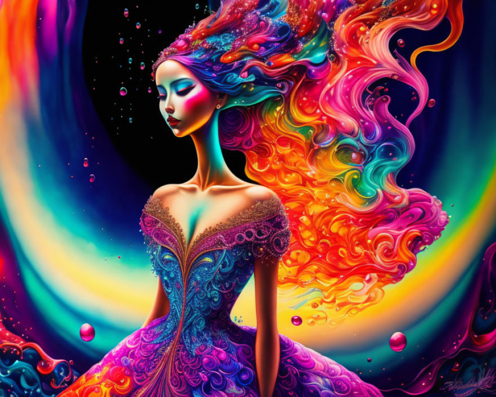 Vibrant digital artwork: woman with rainbow hair and purple dress