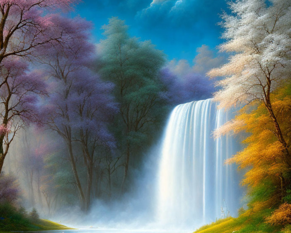 Tranquil waterfall in mystical forest with pink and white blossoms