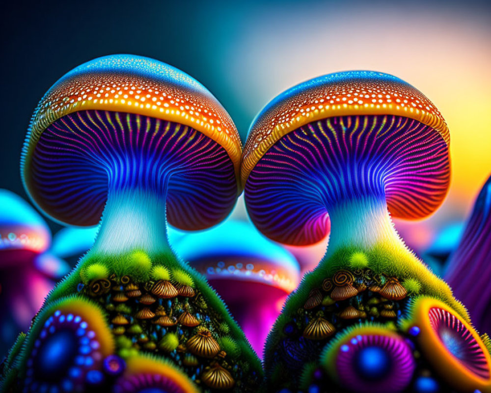 Colorful digitally-enhanced mushrooms on blurred background