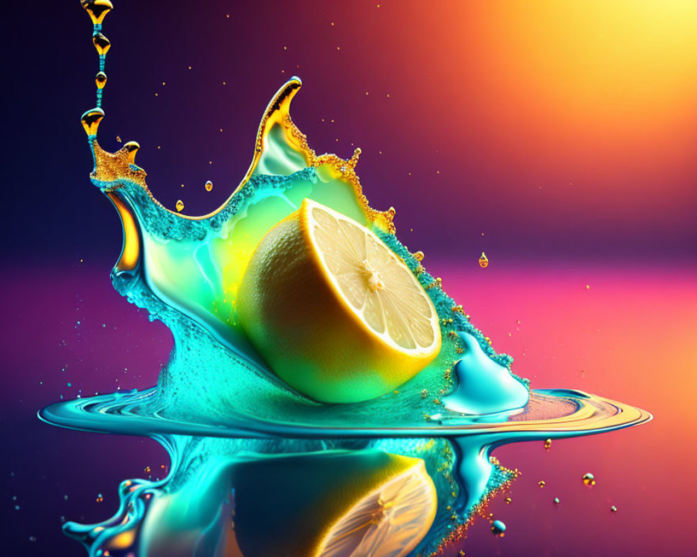 Colorful Lemon Splash in Blue Water with Gradient Background