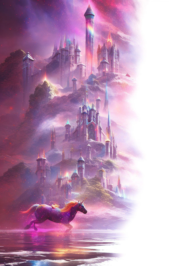 Majestic unicorn by reflective lake with purple castle on foggy mountains