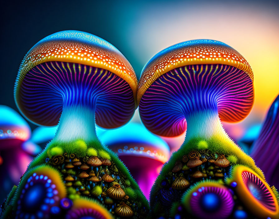 Colorful digitally-enhanced mushrooms on blurred background