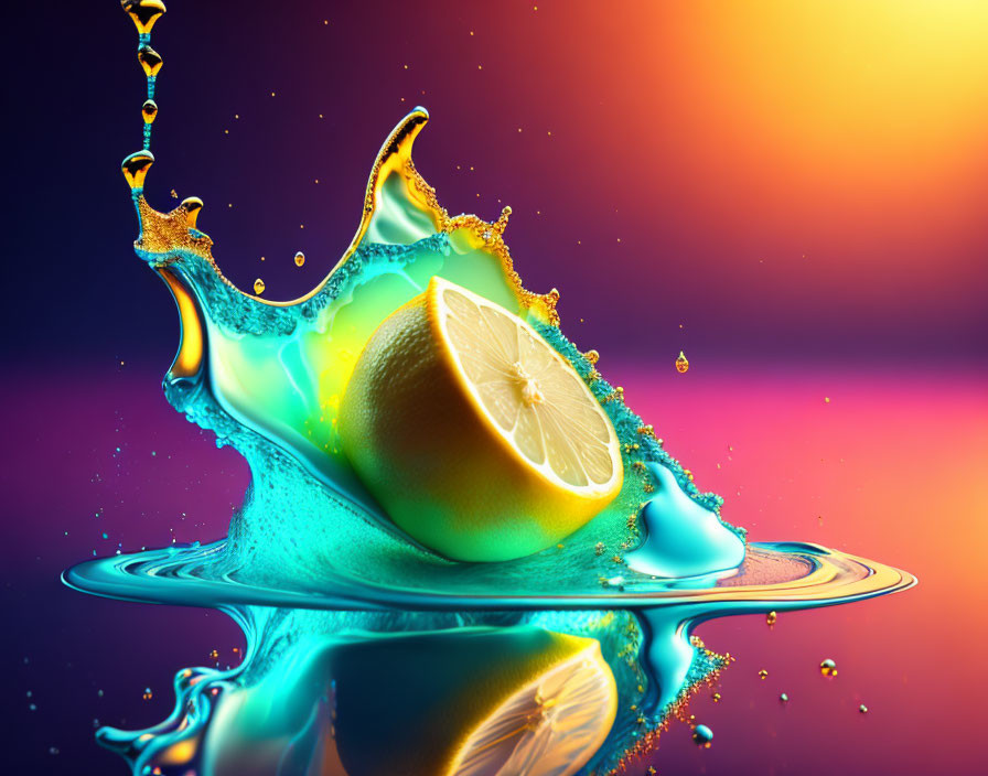 Colorful Lemon Splash in Blue Water with Gradient Background