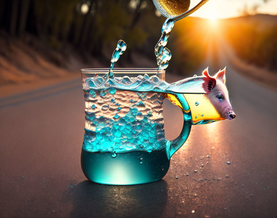 Surreal Piglet Teapot Spout Pouring Liquid at Sunset