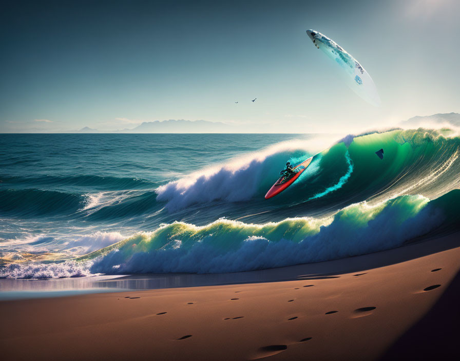 Surfer riding large wave with kayak in sunny beach scene