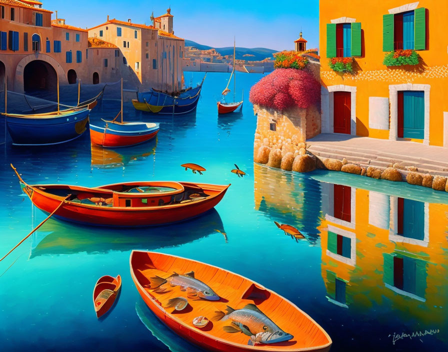 Colorful Painting of Mediterranean Harbor with Boats and Buildings