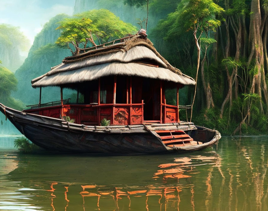 Traditional wooden boat with thatched roof on calm waters near lush green cliffs