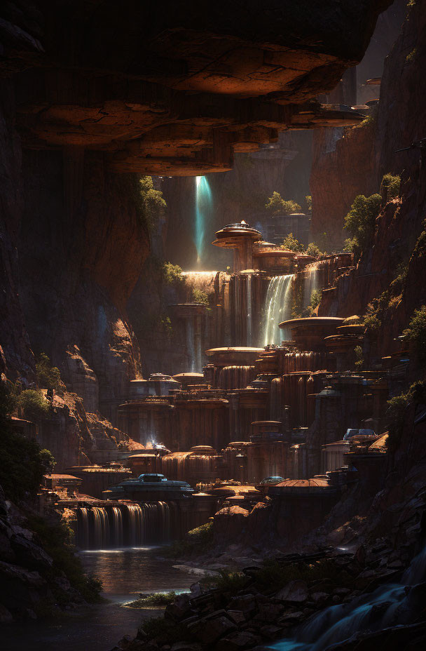 Ethereal subterranean waterfall cascading through rocky tiers under sunlight.