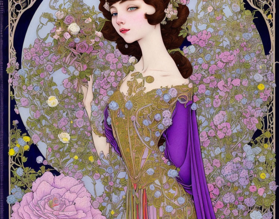 Illustrated woman with brown hair in purple dress surrounded by ornate floral design and large pink flower.