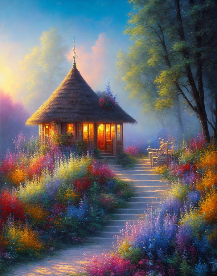 Charming Cottage Surrounded by Colorful Flowers in Twilight Forest