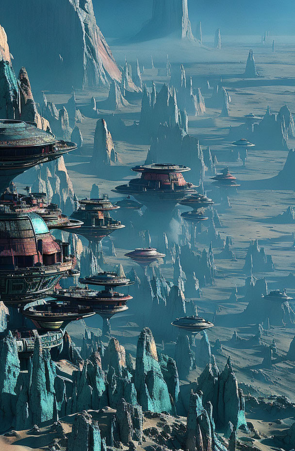 Futuristic landscape with towering rocks and floating structures