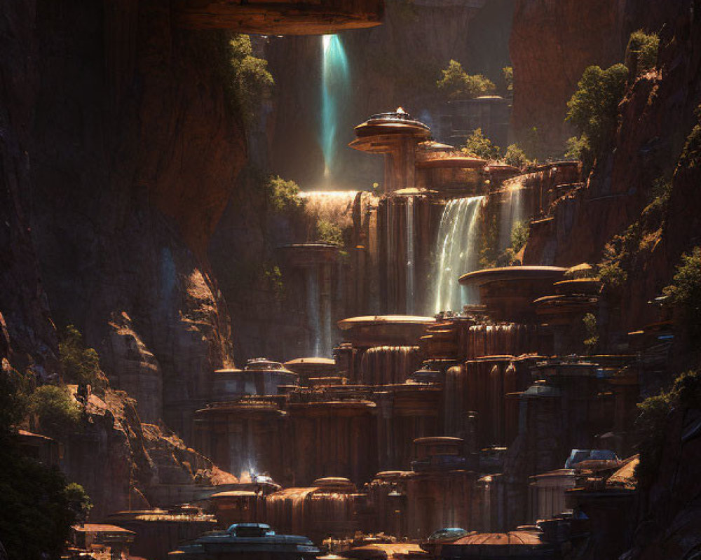 Ethereal subterranean waterfall cascading through rocky tiers under sunlight.