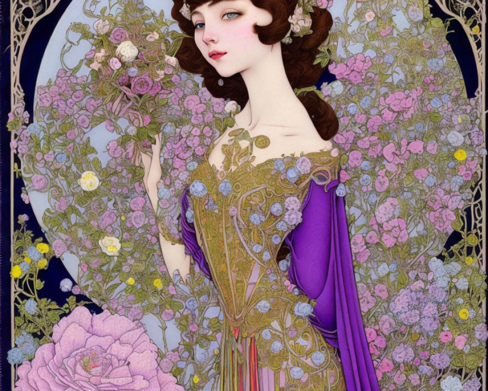 Illustrated woman with brown hair in purple dress surrounded by ornate floral design and large pink flower.