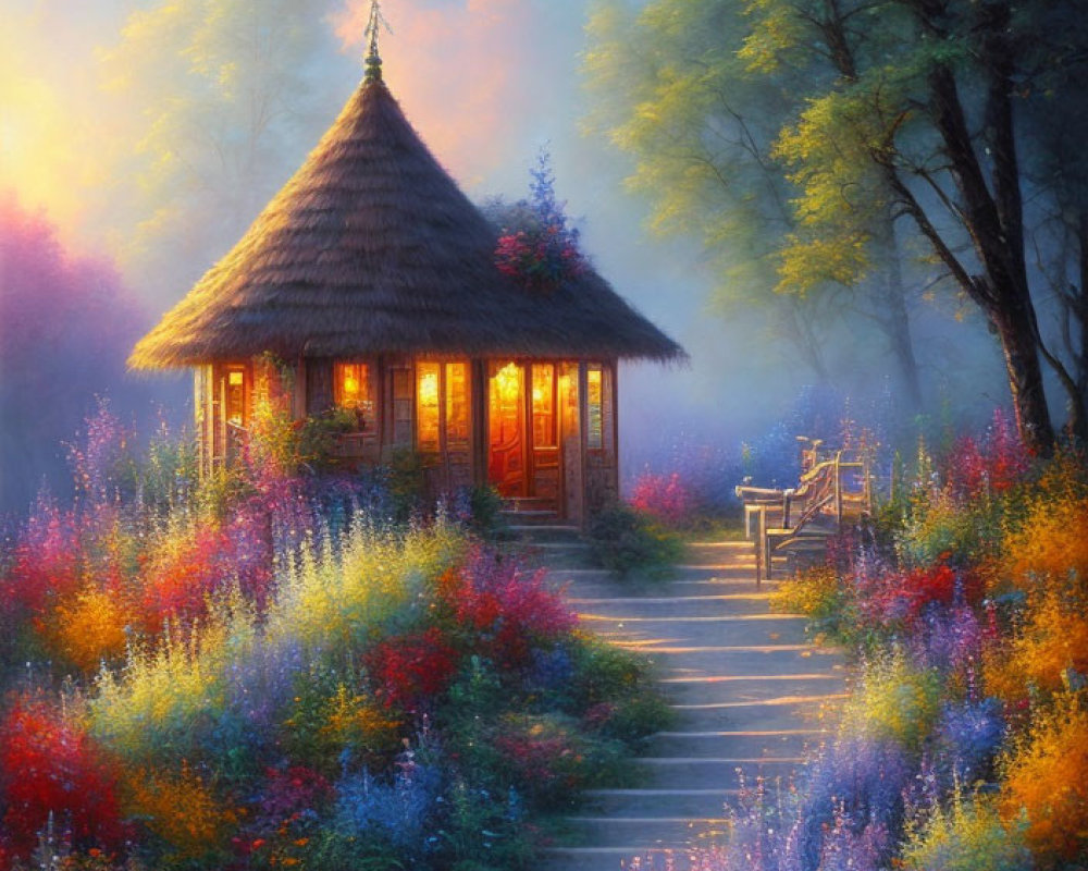 Charming Cottage Surrounded by Colorful Flowers in Twilight Forest