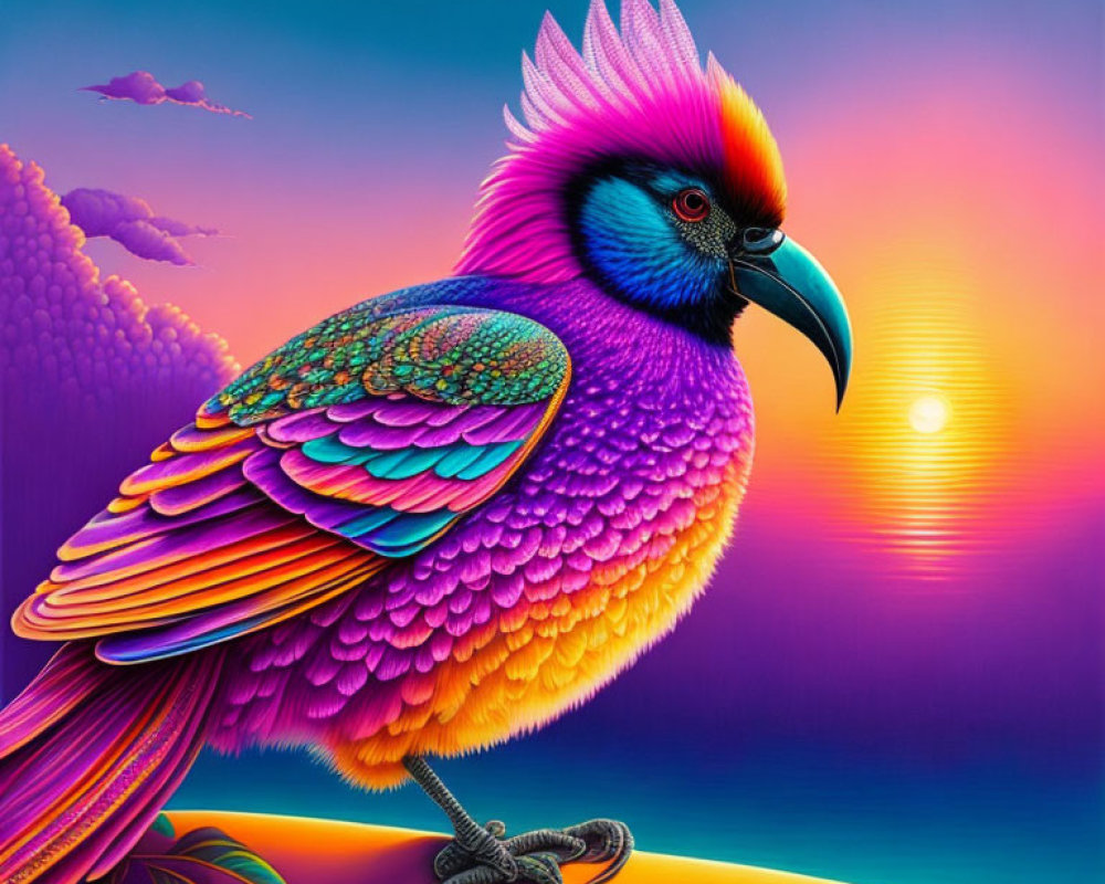 Colorful Bird Illustration with Sunset Sky in Purple, Pink, and Teal