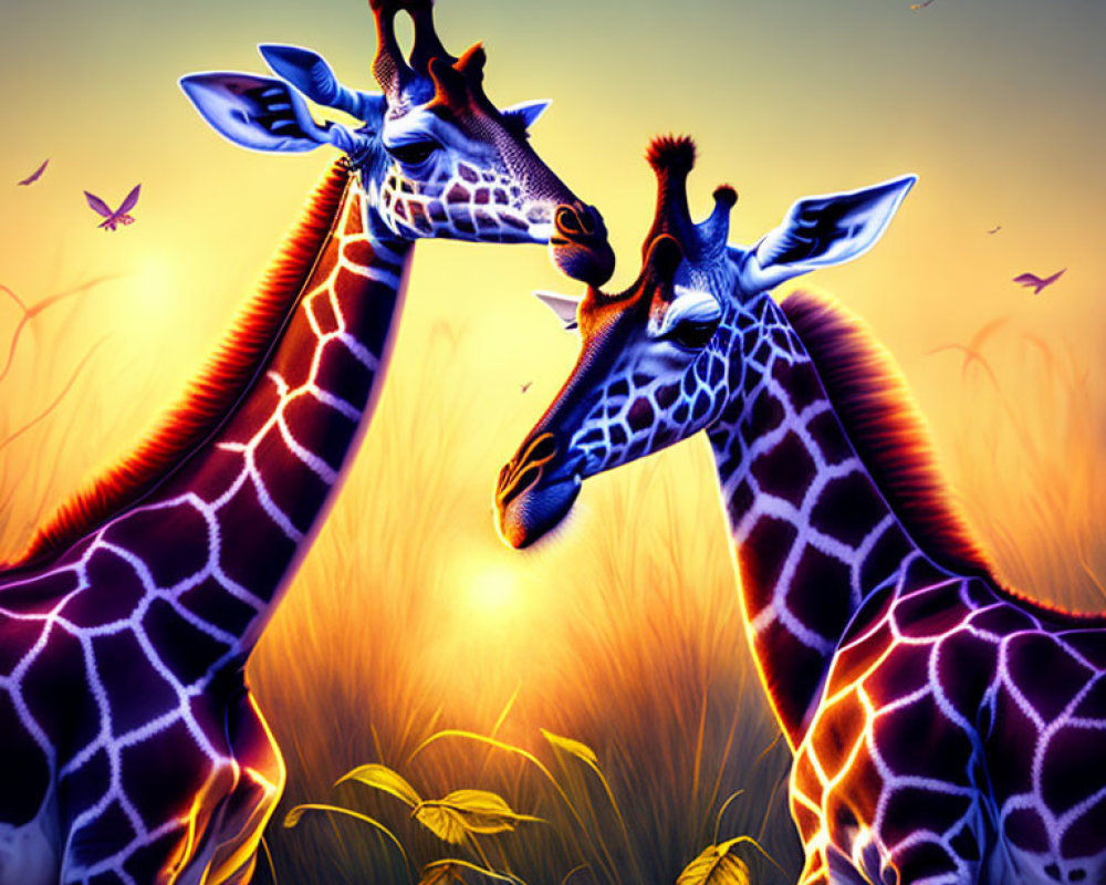 Three giraffes in vibrant savannah sunset with grass, butterflies, and birds.