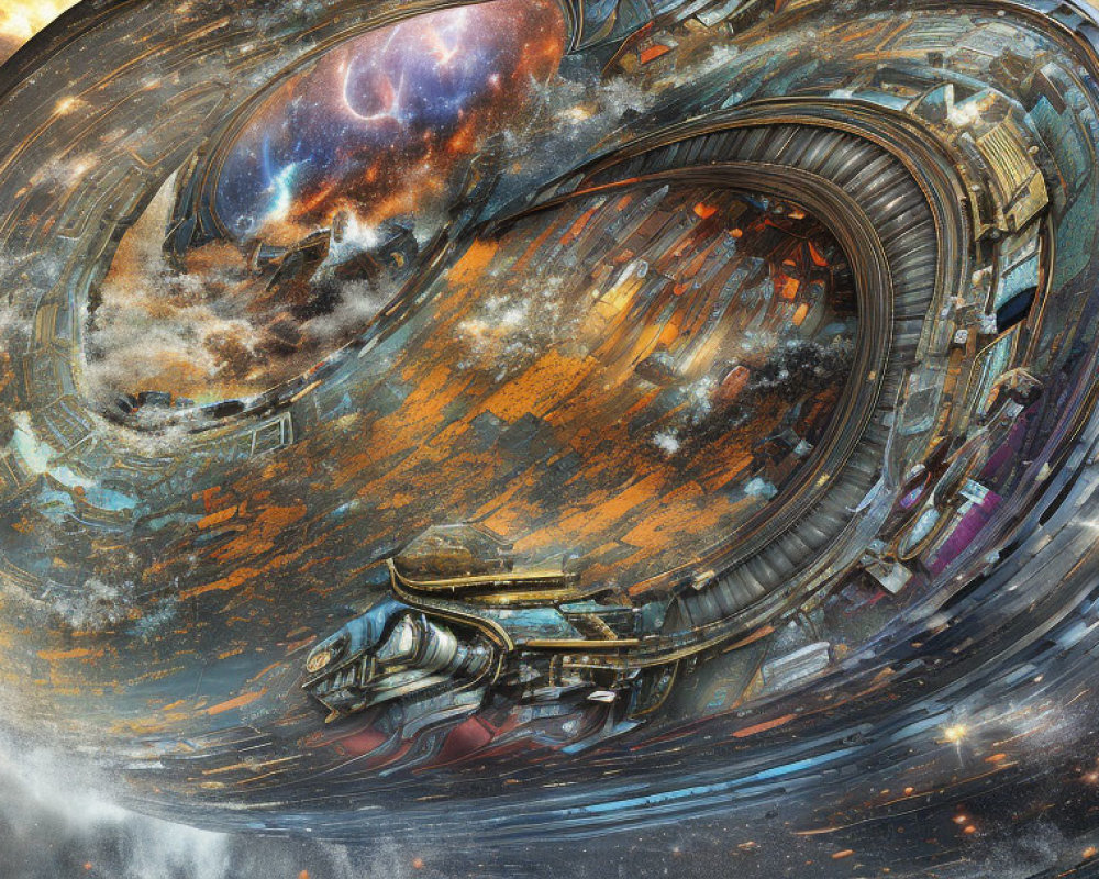 Futuristic spacecraft orbiting massive circular space station in cosmic scene