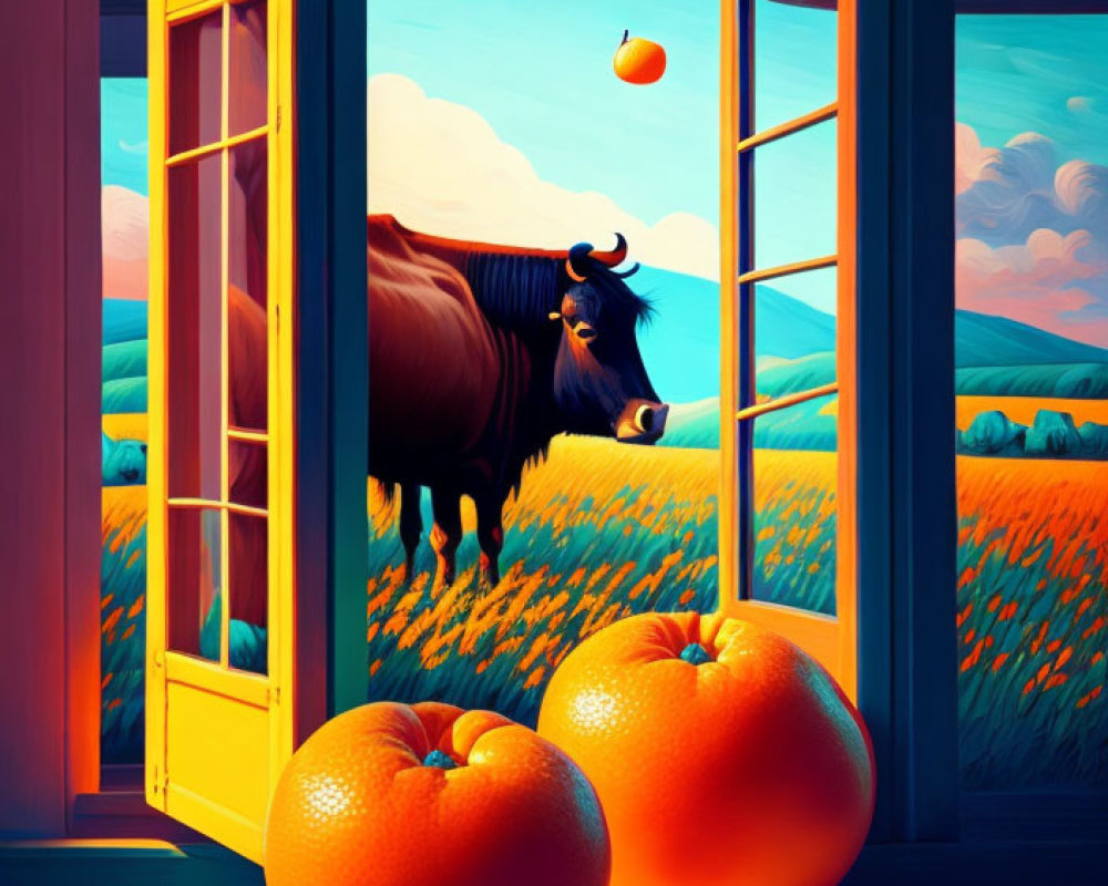 Colorful illustration: Oranges, yak, hills, sky