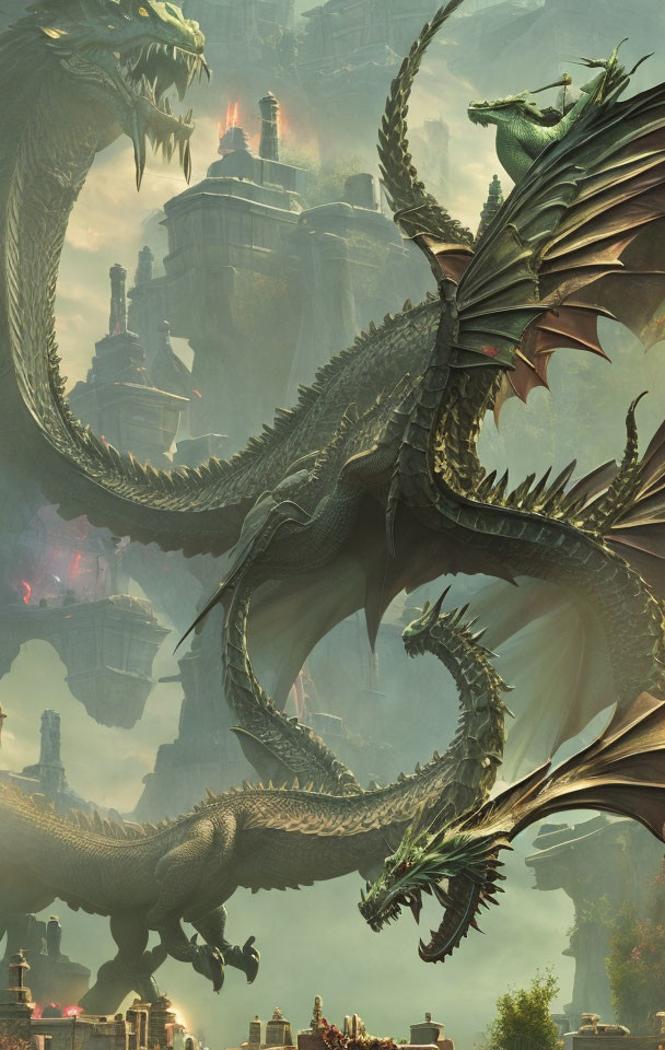 Majestic dragon on stone structure in fantastical city with spires