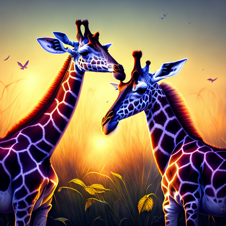 Three giraffes in vibrant savannah sunset with grass, butterflies, and birds.