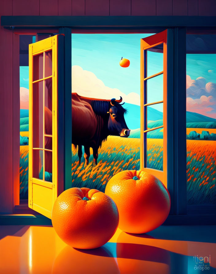 Colorful illustration: Oranges, yak, hills, sky