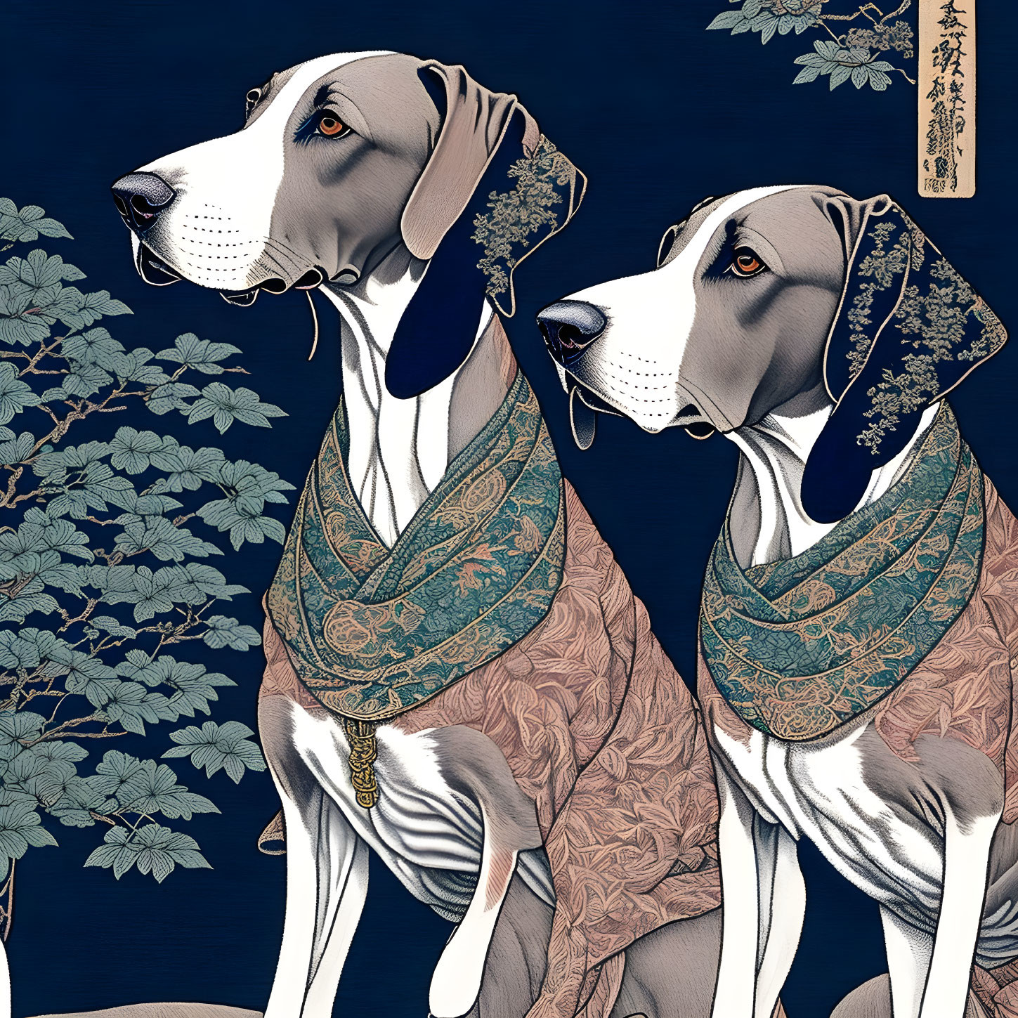 Stylized dogs with bandanas and pendant on dark blue floral background