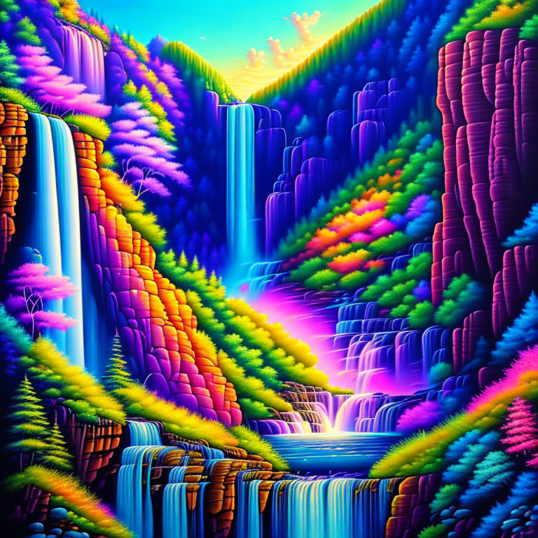 Colorful Digital Artwork: Fantastical Waterfalls with Neon Foliage