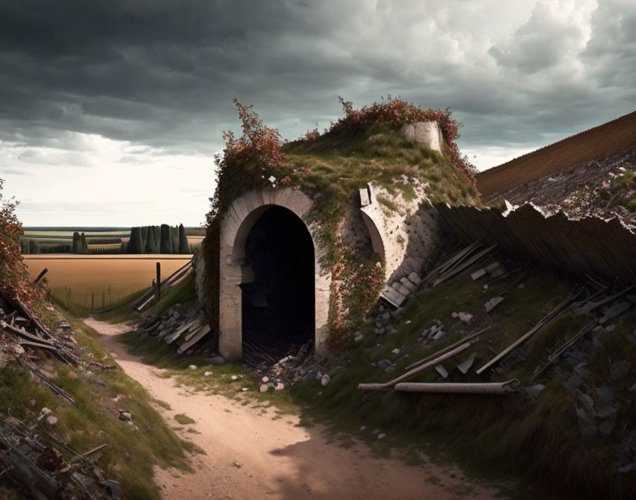 Abandoned military bunker overgrown in cloudy sky landscape